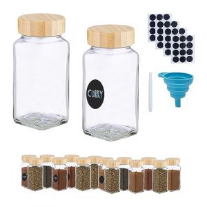 Relaxdays Bocaux à épices, Lot de 16, saupoudrage, Verre, 120 ML, étiquettes, Stylo & Entonnoir, Transparent/Nature