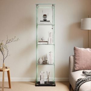 Vitrine en Verre - 4 &Eacute;tag&egrave;res - &Eacute;clairage LED - Noir - 163cm pour Salon/Chambre