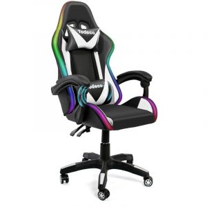Todeco Chaise Gaming Massage avec Lumière LED Dossier Haut Dossier et Hauteur de Siège Règlable avec Appui-Tête Support Lombaire, Blanc