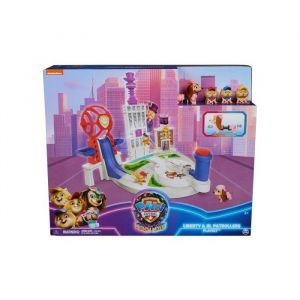 Coffret pat patrouille le film : quartier g&eacute;n&eacute;ral et ville mr hellinger + pat patrouille junior + liberty - set 4 figurines + carte tigre