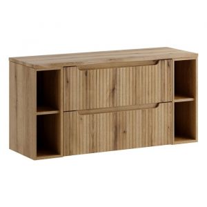 Furnidea - Meuble suspendu sous vasque 120 cm avec plan et &eacute;tag&egrave;res NOVA ch&ecirc;ne Coast Evoke