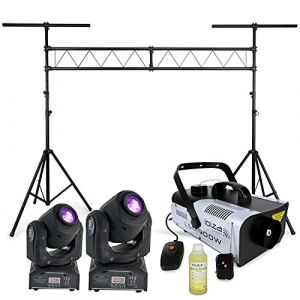 Ibiza Light Portique Dj support Lumière de 3 M très robuste - 2 Lyres SPOT7 Dmx avec Gobos - 1 Machine à Fumée 900W avec 2 Télécommandes - 1 SMOKE 1 L offert - PA DJ JEUX DE LUMIERE SOIREE