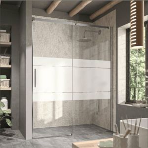 Image de Paroi de douche fixe + Porte coulissante LUNA verre sérigraphié 150 cm Sans paroi latérale