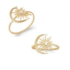 Bague - Bijoux - Motif Croissant De Lune & Soleil - Plaqu&eacute; Or 18 Carats - Tailles 50 &Agrave; 60 - Oxyde De Zirconium