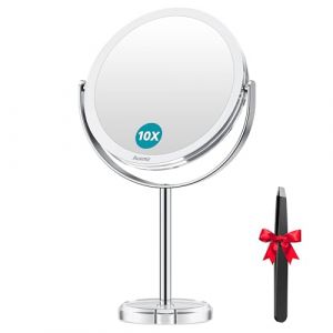 Auxmir Miroir Maquillage Grossissant 1X et 10X Double Face, Miroir de Table avec Support Rotation à 360°, Miroir Coméstique Pivote à Deux Côtés pour Chambre et Salle de Bain