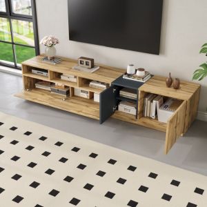 Meuble TV 200cm avec rangement, compartiments ouverts et passe-câbles, style campagnard, meuble bas de salon/chambre, naturel+noir