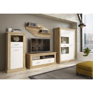 Pegane Ensemble de salon meuble TV + set des 2 étagères + buffet + vitrine basse coloris chêne cambrian, blanc