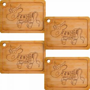 Set de 4 Planches à Steak en Bambou - Bois Massif - 33x23cm avec Rigole pour Jus - braun