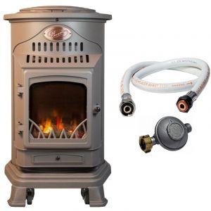 Universal Poele à gaz 3,4 KW MARRON Effet poêle à bois Fonte véritable + Tuyau gaz + détendeur butane Provence
