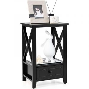 Giantex Table de Chevet avec Tiroir et Étagère Ouverte, Table de Nuit Table d'Appoint Poignée en Métal pour Salon, Appartement, 40x30x61,5cm, Noir