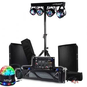 Bm sonic Sonorisation DJ Ampli 1000W, 2 Enceintes 600W, Table de Mixage, 2 Jeux de lumières, Eclairage LED