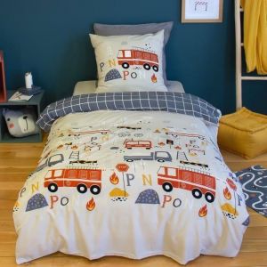 Parure de lit imprimée 140x200 cm Enfant réversible- Housse de Couette + 1 Taie doreiller Motif Pompier Bleu et Beige– Microfibre
