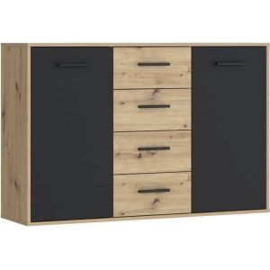 Buffet PILVI - Style contemporain - Particules m&eacute;lamin&eacute; - D&eacute;cor Chene et noir - 2 portes + 4 tiroirs - L 122,6 x P 34,2 x H 8