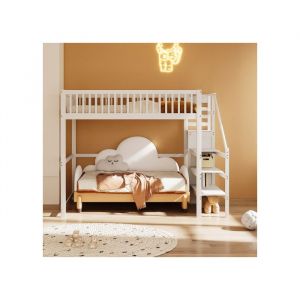 Lit mezzanine enfant 140x200 cm - JAERLIUB - Blanc - 2 places - Avec escalier et étagères