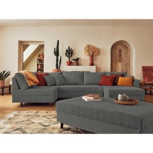 Canap&eacute; d'angle gauche convertible 7 places en velours c&ocirc;tel&eacute; gris