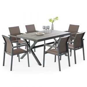 Idimex Ensemble table et chaises de jardin WINDY pour 6 personnes coloris gris, chaises empilables r&eacute;sistantes