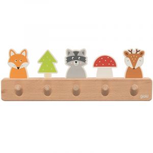 Goki 60662 - Porte-manteau en bois pour enfant avec 5 crochets - Motif renard laveur, raton laveur, cerf, pat&egrave;re pour chambre d'enfant - Favorise l'ordre et l'autonomie - &Agrave; partir de 1 an