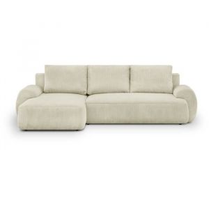 Canapé d'angle gauche convertible 3 places MILO - Velours cÙtelés beige - Coffre de rangement - L 264 x H 84 x P 99/145 cm