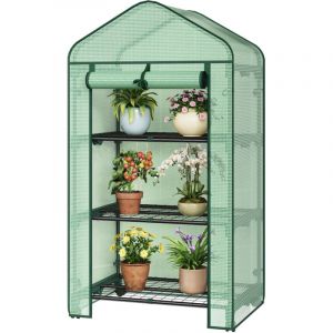 Image de Serre de Jardin Woltu Bâche de Protection avec roulettes, 3 Étagères, 70x50x131cm, Porte Zippée Enroulable, Vert, Intérieur et Extérieur