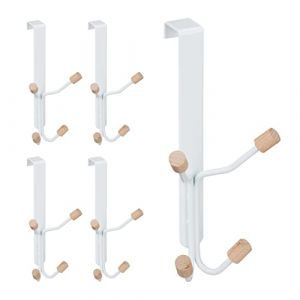 Relaxdays Crochet de Porte, Lot de 5, scandinave, patères en Fer & Bois, Chambre, H x L x P 19 x 9 x 8 cm, Blanc/Nature 10032630