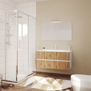 Kiamami Valentina Meuble Salle De Bain 100Cm Blanc Fa&ccedil;ade Ch&ecirc;ne Cannel&eacute;, Miroir 100X60 Salina