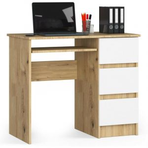 Bureau d'ordinateur AKORD droit A6 Ch&ecirc;ne Artisan 90 cm 3 tiroirs fa&ccedil;ade Blanche 1 &eacute;tag&egrave;re 90x50x77 cm
