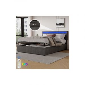 Lit coffre 160x200 cm Lit adulte avec télécommande Lumière led, prises usb et Type-C, sans fond, sans matelas, gris