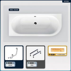 Baignoire asymétrique - 150 x 75 cm - Gauche - sans Habillage - avec Pieds - Étagère bambou - Vidage Chrome - AVITA