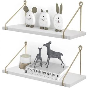 Etagere Murale Bois Blanc Or Metal Salle De Bain Chambre Cuisine Moderne Design Domicile Decorer, Lot De 2 A578