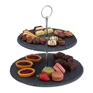Relaxdays 10030730 Présentoir apéritif, 2 étages, Ardoise, serviteur gâteau, poignée en métal, HxD 23 x 25 cm, Anthracite/Argent