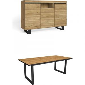Ensemble de meubles de salon Table 200 Front Noir pieds u 10 convives Crédence / Buffet 140 Tall Chêne et Noir Style Industriel - Chêne et Noir