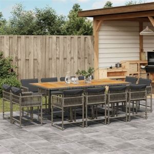 VidaXL Ensemble &agrave; Manger de Jardin avec Coussins 13 pcs, Table et Chaises &agrave; Dossier Rabattable, Meubles d'Ext&eacute;rieur Patio Terrasse, Moderne, Gris R&eacute;sine Tress&eacute;e
