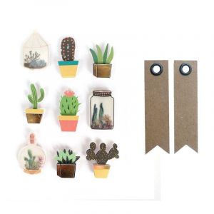 Graines Cr&eacute;atives 9 stickers 3D cactus et botanique 4 cm + 20 &eacute;tiquettes kraft Fanion