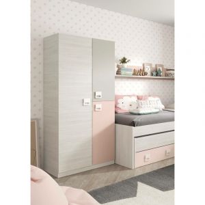 Alter Armoire à trois portes avec tringle à vêtements et trois étagères internes, effet bois gris avec détail de porte rose, D