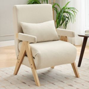 Fauteuil convertible 3 en 1, fauteuil pliant rembourr&eacute; avec dossier r&eacute;glable et cadre en m&eacute;tal, tissu en lin et coton, beige, 64x69x93 cm
