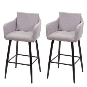 Mendler 2x Tabouret de bar HWC-H93, tabouret de comptoir, repose-pieds m&eacute;tal ~ tissu/textile gris clair