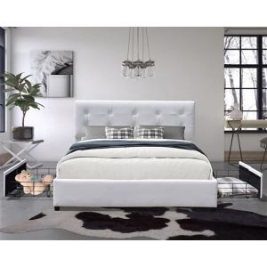 Chloe Solide et Confortable Lit 140x200 avec Sommier avec 4 tiroirs+Tete de lit Couleur BLANC -