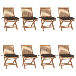 VidaXL Lot de 8 chaises de jardin pliantes en teck massif avec coussins gris taupe