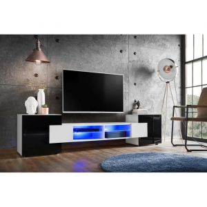 Meuble Banc TV Merano Version 2 Komodee - LED Bleues - Noir Brillant et Blanc - 230 x 53 x 35 cm