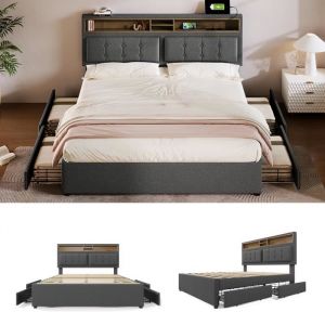 Lit adulte rembourré avec 4 tiroirs et port de charge usb - tissu en lin - 160x200 cm - Gris
