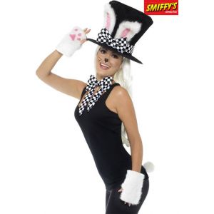Smiffy's Déguisement Unisexe Adulte, Kit du Lièvre de Mars Thé des Fous, avec Haut-de-Forme, Oreilles de Lapin attachées, nœud Papillon et Queue, Taille Unique, Couleur: Noir et Blanc, 45023