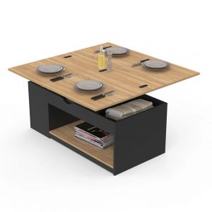 Idmarket Table Basse Rectangulaire Relevable Convertible En Table À Manger Elea Bois Noir Et Façon Hêtre
