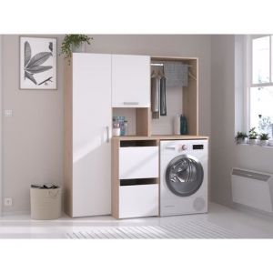 Meuble pour machine &agrave; laver avec penderie, placard et colonne de rangement - Naturel clair et blanc - L157 x H184 cm - ERKANO