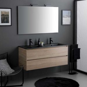 Kiamami Valentina Meuble Salle De Bains Suspendu 120Cm Ch&ecirc;ne Avec Lavabo Noir, Miroir Et Lampe Berlin
