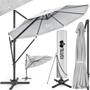 Tillvex Parasol haut de gamme en aluminium gris 330 cm + housse et pare-vent Parasol d&eacute;port&eacute; 6 positions avec manivelle Parasol de jardin rotatif,