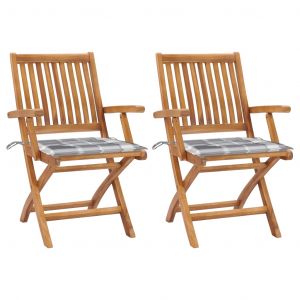 VidaXL Chaises de jardin 2 pcs avec coussins ? carreaux gris Teck
