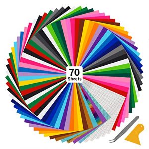 Withosent 70 Feuilles Vinyle Adhesif, 30x25 cm Papier Vinyle Adhesif, 65 Feuilles Vinyl Permanent + 5 Transfert, Vinyle Autocollant pour DIY Mugs, Tasses, Verre, Fenêtres, Lettres
