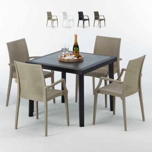 Grand Soleil Table carr&eacute;e et 4 chaises Poly rotin resine bar bistrot caf&egrave; exterieur 90x90 noir | Bistrot Arm Beige Juta