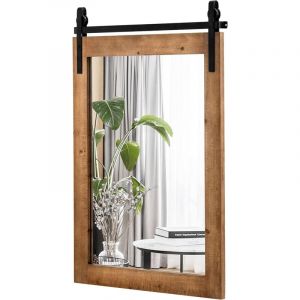 COSTWAY Miroir Mural Rustique avec Cadre en Bois Massif, Miroir Suspendu avec Kit pour Porte de Grange, Miroir Décoratif de Style Vintage pour