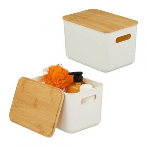 Relaxdays Bac de Rangement, Lot de 2, Coffre en Plastique et Couvercle en Bambou, HLP 16 x 26 x 17,5 cm, Blanc & Nature